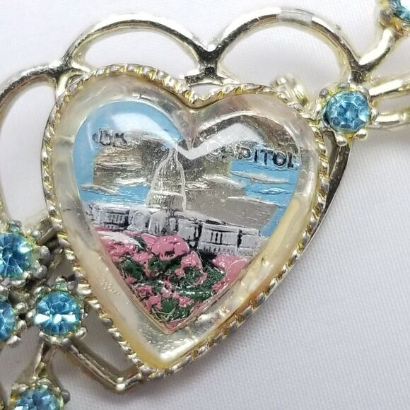 Vintage Washington DC Capitol Reverse Painted Heart Shape Rhinestone Brooch - Picture 3 of 6